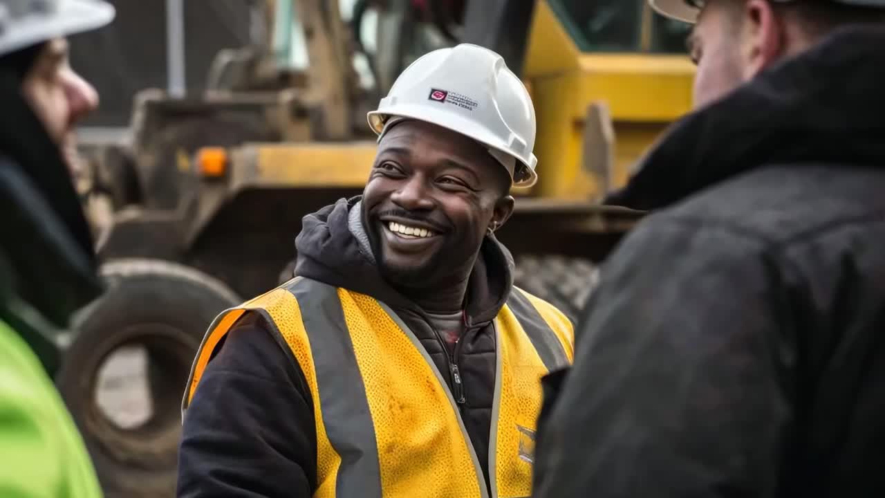 A candid video still of construction workers in conversation, wearing safety gear
