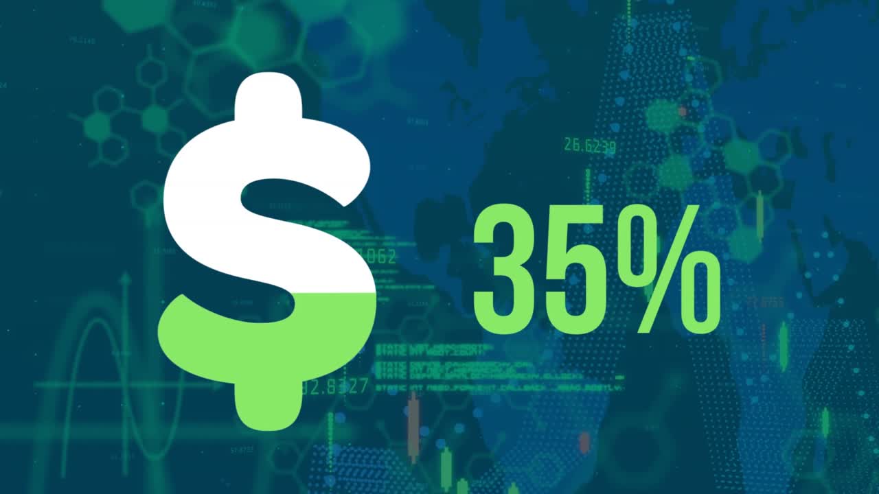 Animazione del simbolo del dollaro con percentuali in crescita su elaborazione dati.