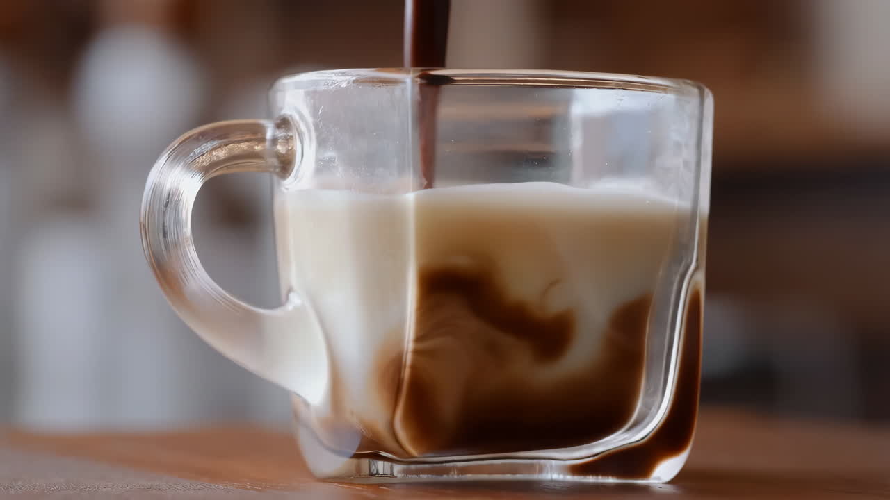 Coffee and milk mixing in a clear mug