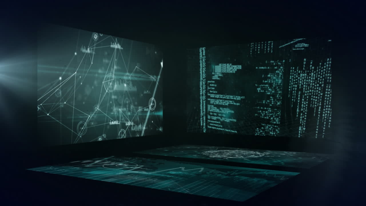 Animation of screens with data processing and dark background