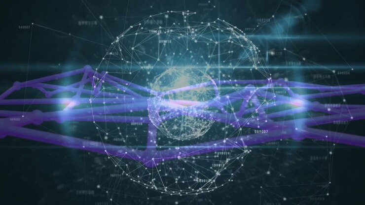 On start signal digital wireframe sphere sending purple mesh pulses along nodes revealing data flow