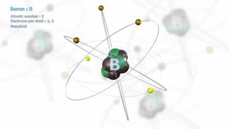 átomo de boro con 5 electrones en rotación orbital infinita en blanco con átomos