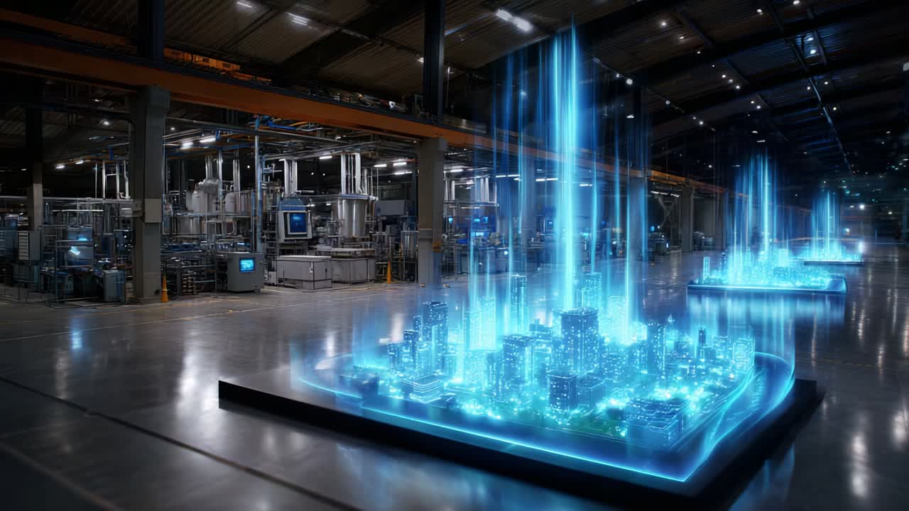 Futuristic Urban Landscape Projection in Industrial Setting with Illuminated Blue Towers and Detailed Cityscape Models Created Using Advanced Technology in a High-Tech Manufacturing Facility