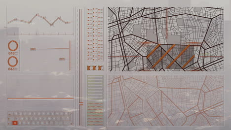 city map and data analysis animation over digital interface with charts and graphs