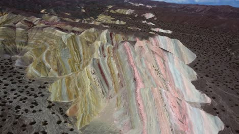 Aerial-rotates-to-Cerro-de-los-7-colores,-colourful-nature,-Argentina