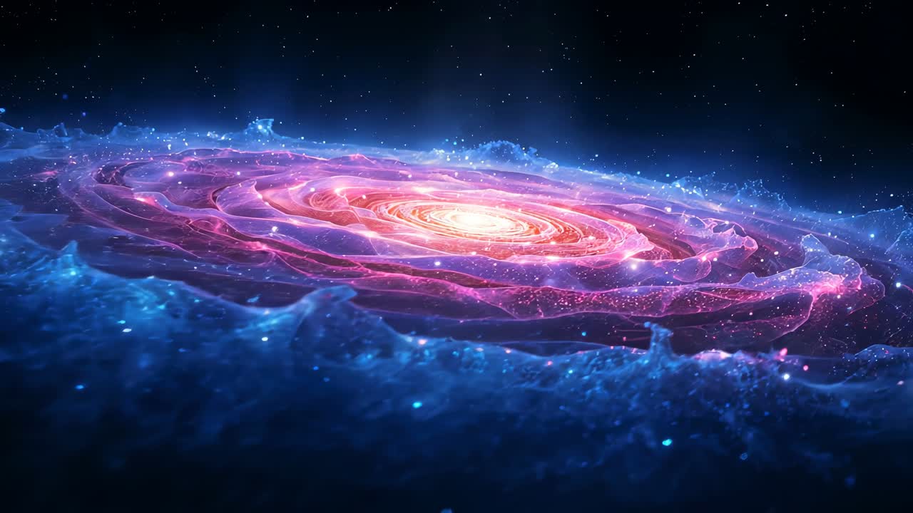 Pulsating spiral galaxy core driving arms rotating in outer space, revealing glowing gas rings