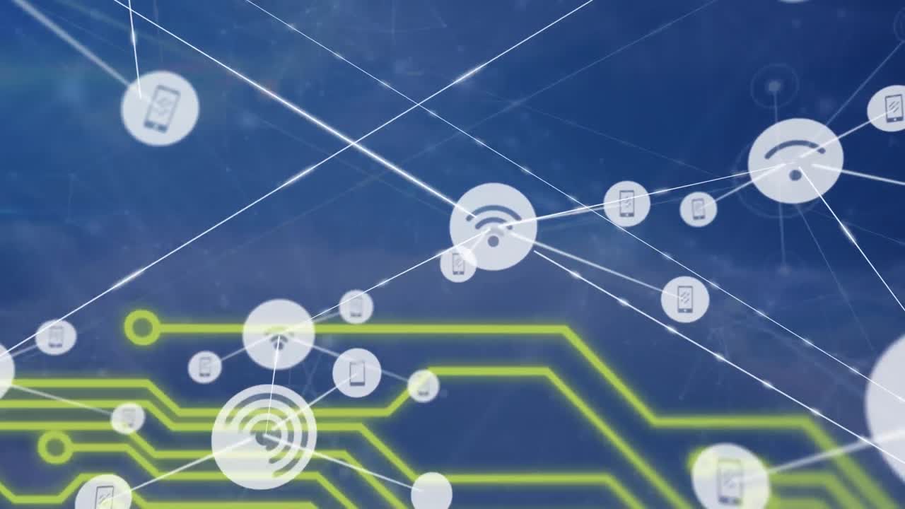 디지털 아이콘으로 연결된 회로판 네트워크의 애니메이션