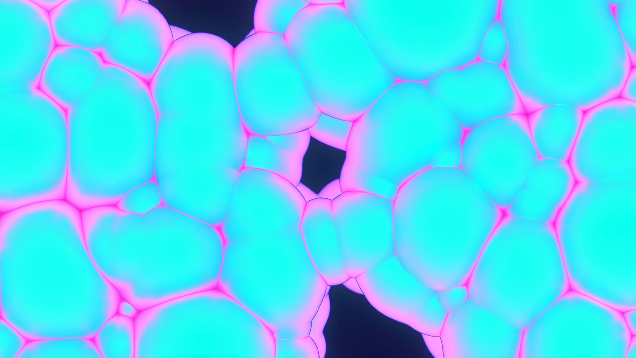 Soft cyan rounded shapes with glowing pink borders move across a dark field, repeatedly separating and reconnecting while narrow openings change size and position over time.