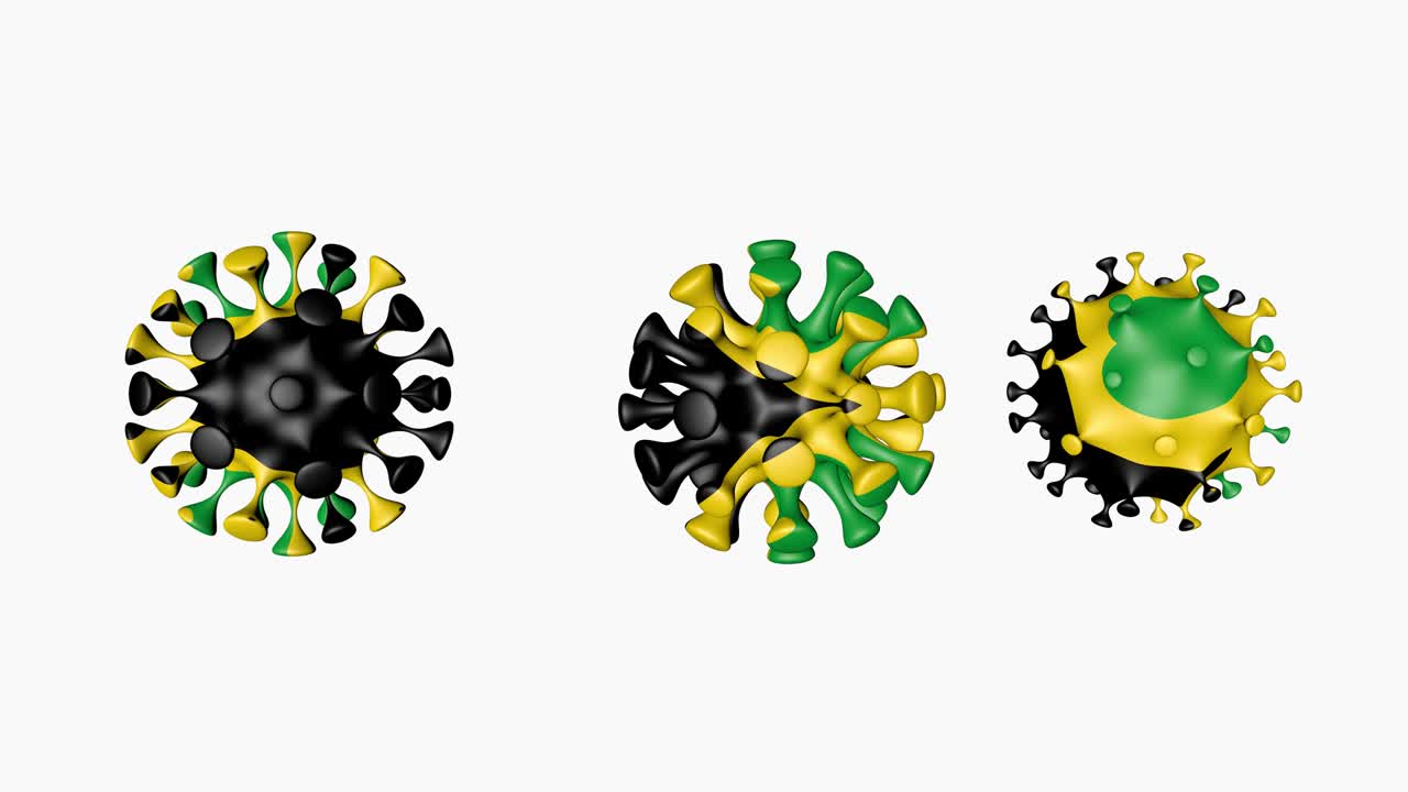 3d animación coronavirus 2019-ncov de jamaica. bandera de jamaica en las esferas de bola de virus covid19, en fondo blanco. canal alfa
