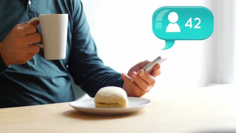 man texting while having breakfast 4k