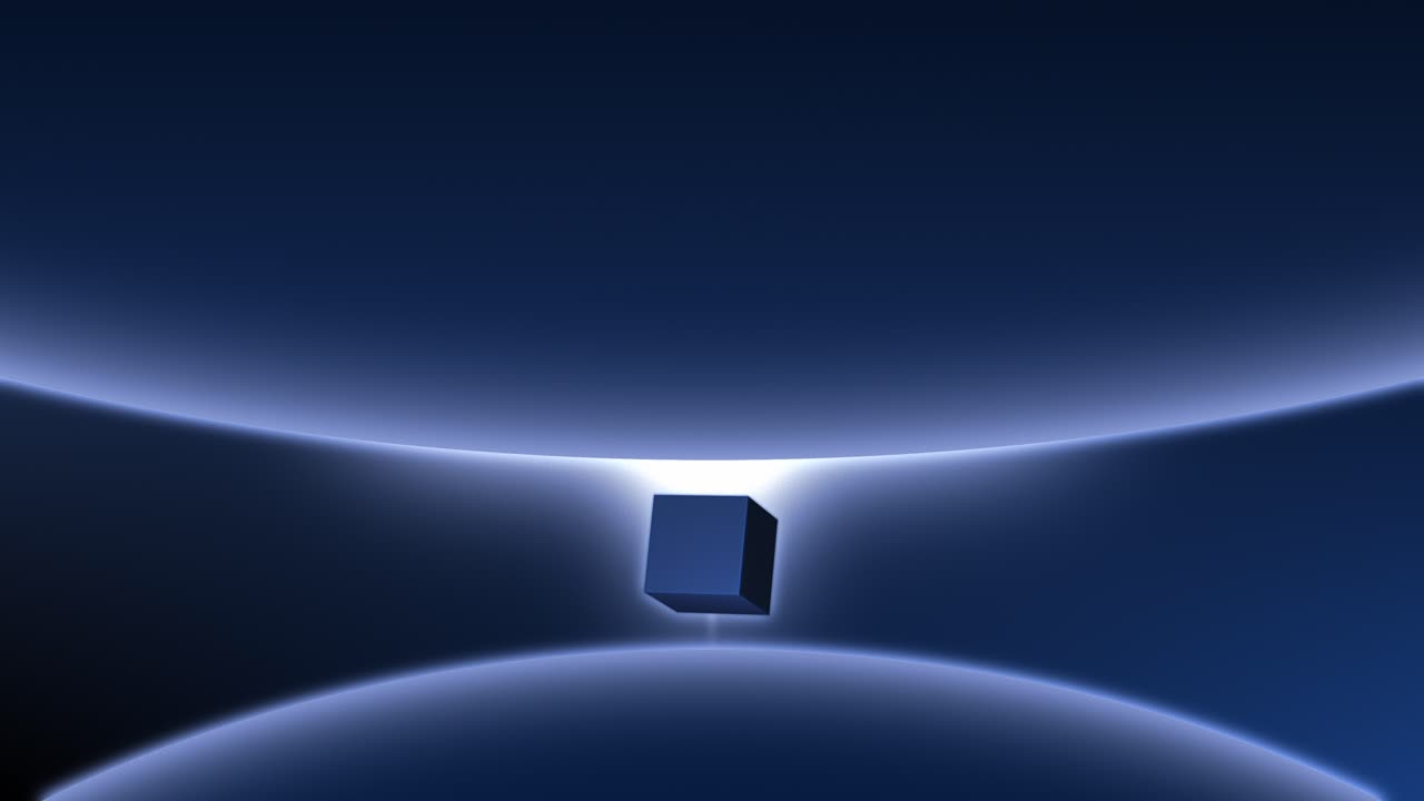 A surreal, dark, and abstract blue animation loop depicting two large planets close together, with a rotating cube suspended in a glowing energy field between their gravity pull