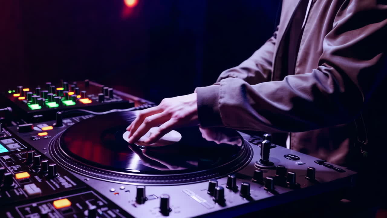 DJ Mixing Music on a Turntable at a Nightclub