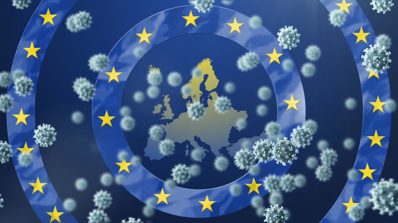 움직이는 파란 원과 eu 지도에 움직이는 코로나19 별