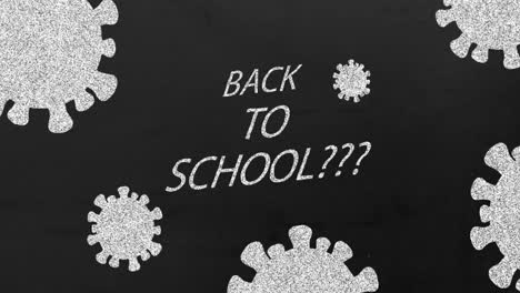 animación del texto de regreso a la escuela con células grises de coronavirus en movimiento.