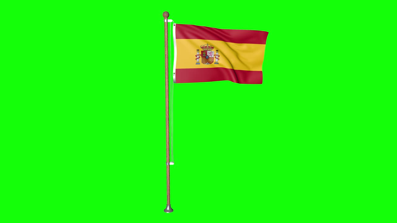 pantalla verde hiperrealista bucle bandera de españa con asta de bandera ondeando en el viento bandera española revoloteando animación 3d 4k