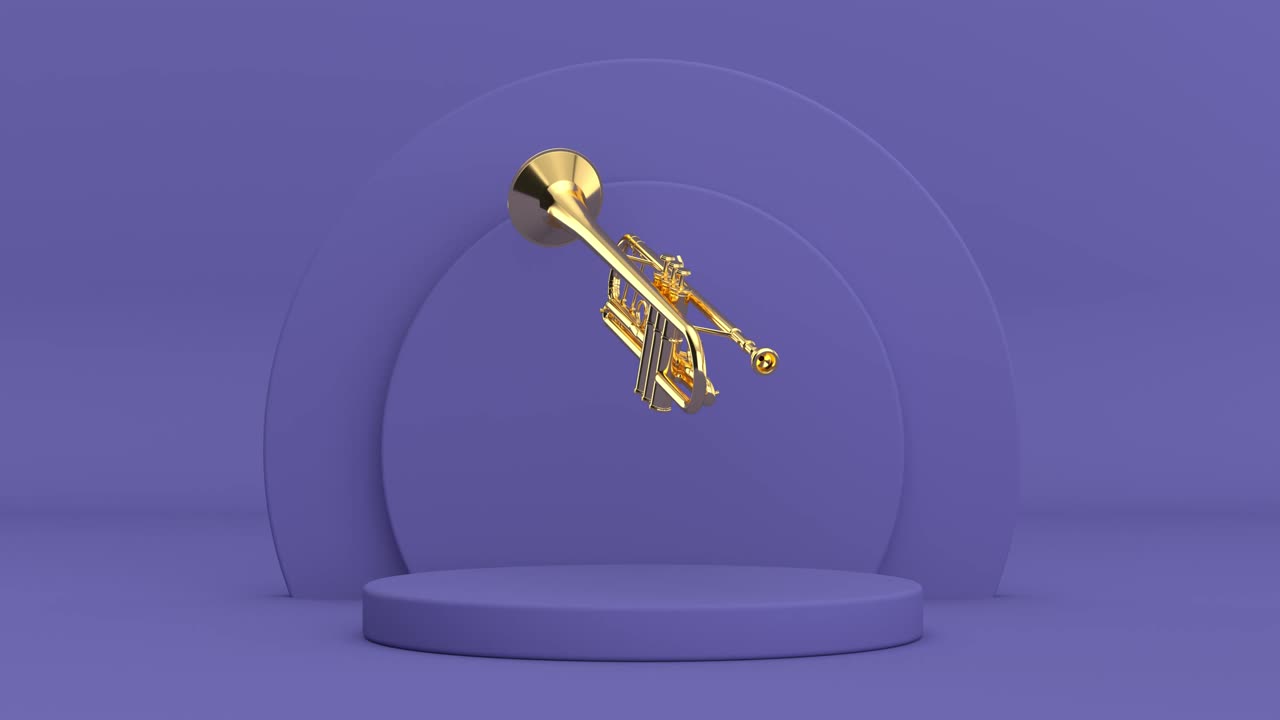 video de resolución 4k: bronce pulido o trompeta dorada girando sobre cilindros muy peri violeta productos pedestal de escenario en un bucle de fondo violeta muy peri
