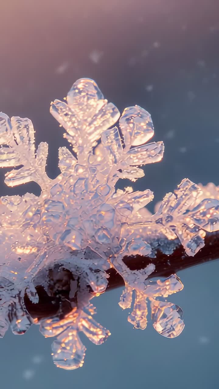 Vertical video: Sun rising through snow crystal causing melting drop sliding off thin twig at dawn