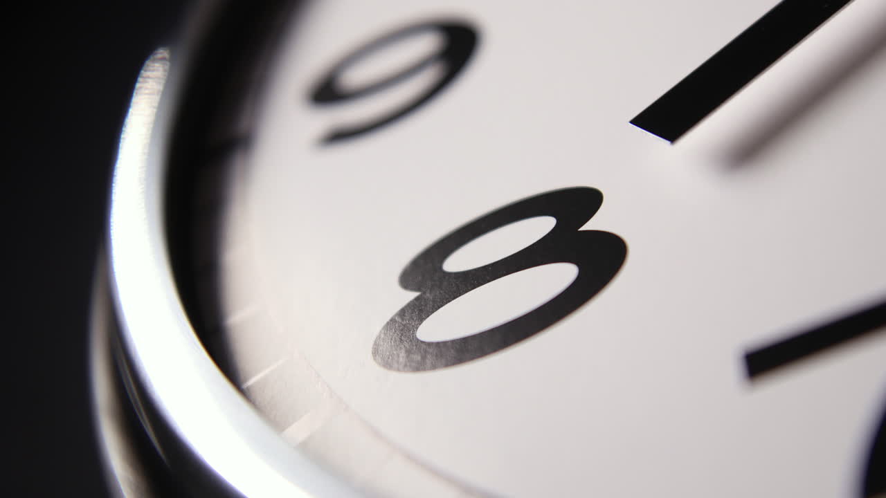 ZOOM IN, CLOSEUP, modern clock hands in timelapse pass the digits
