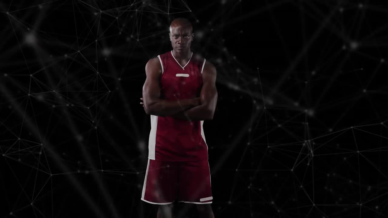 Animasjon av nettverk av forbindelser over en basketballspiller på svart bakgrunn