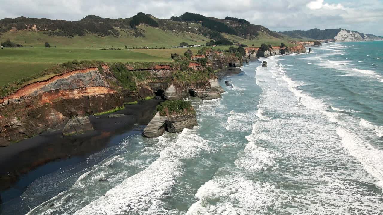 Drone Three sisters rock formation north of New Plymouth, New Zealand
