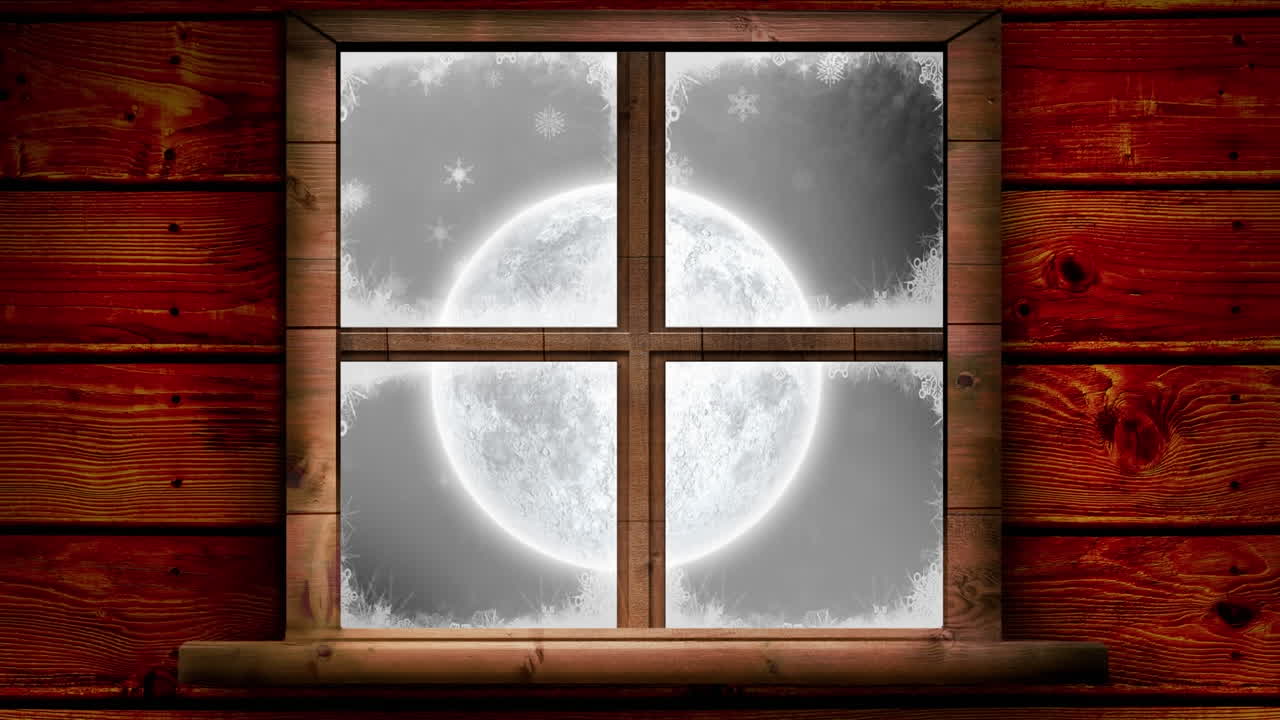 animación de nieve cayendo sobre la luna vista a través de la ventana