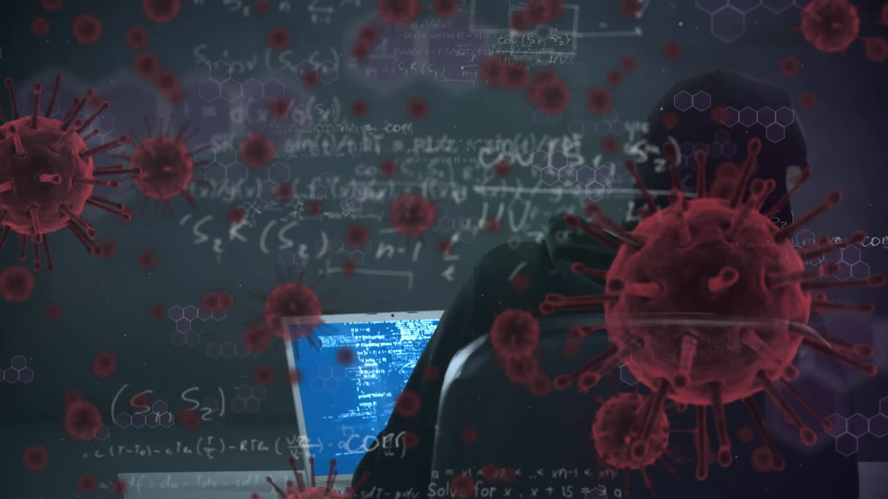 animación de un hacker encapuchado sobre macro coronavirus células covid-19 flotantes y fórmulas