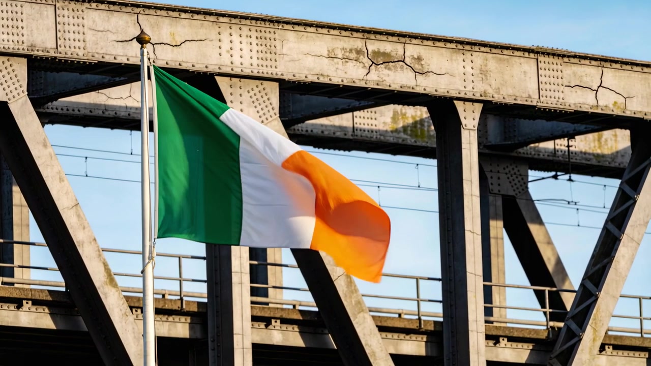 Bandiera tricolore che sventola su un'asta verticale, ondeggiando nel vento rafficato presso un ponte d'acciaio, con spazio per il testo.