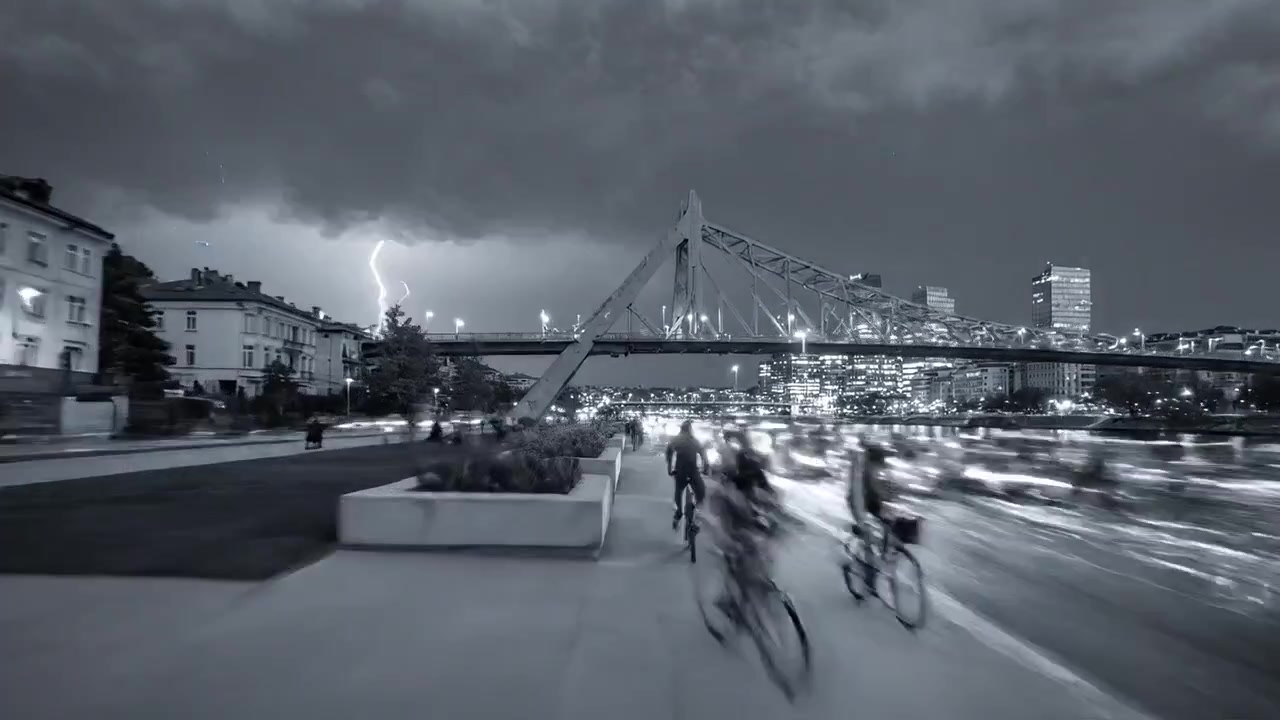 A Dramatic Nightscape with Lightning over a City River and Bicyclists Riding Along the Waterfront, Creating a Dynamic Urban Atmosphere