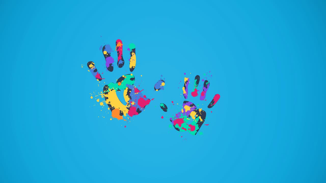 Animation of coloured hands moving on blue background