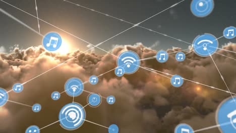 Animation-of-networks-of-connections-with-icons-over-sky