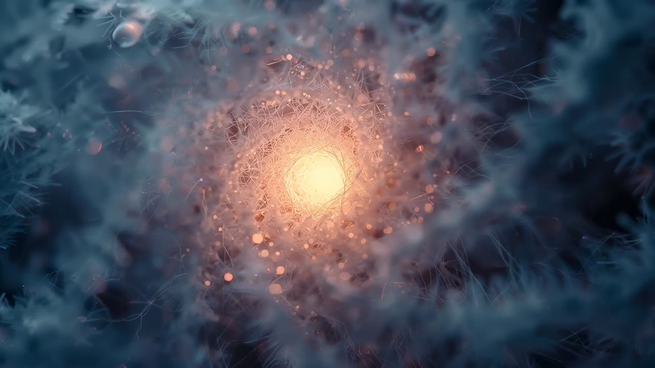 Pulsing central golden core sending glowing particles along spiral filaments under microscope