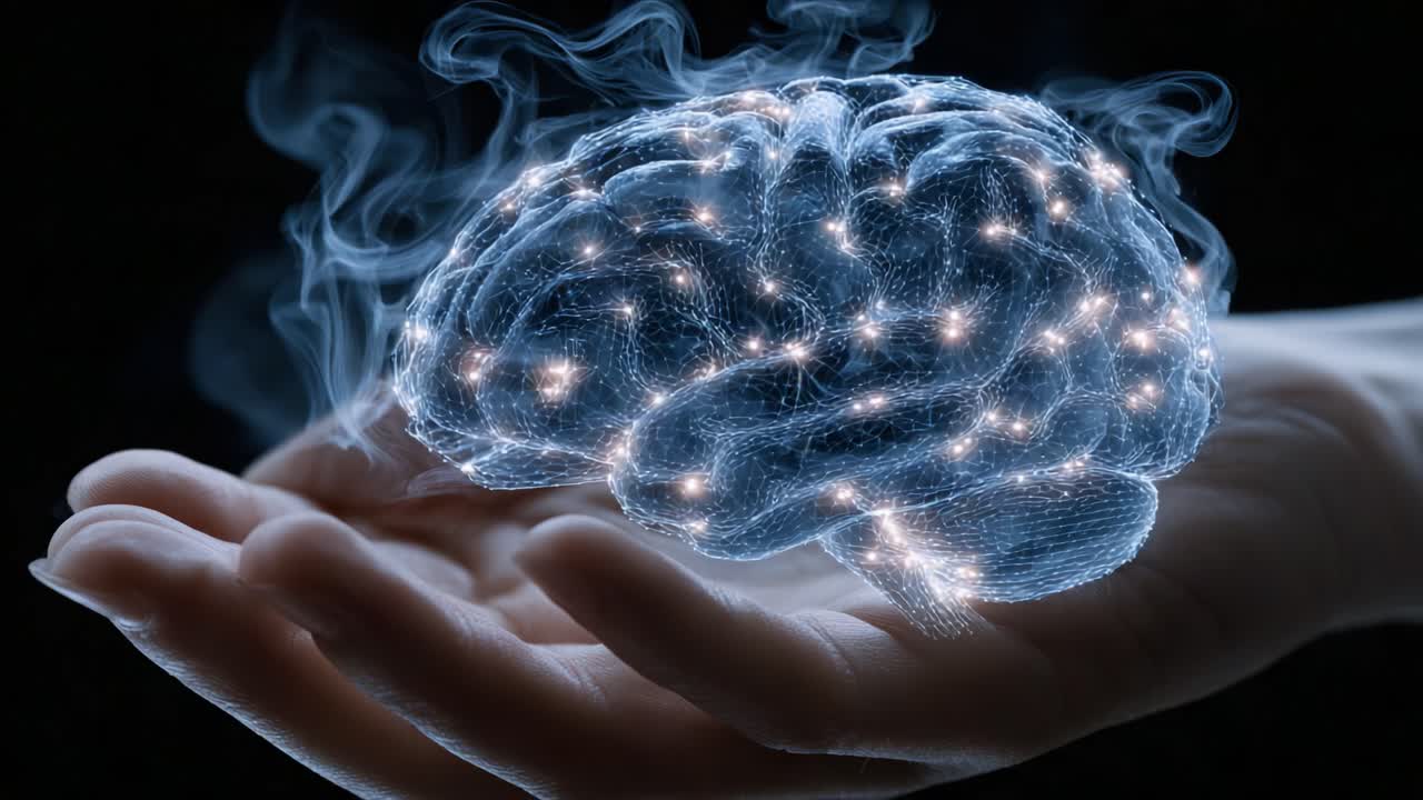 A Glowing Representation of the Human Brain in a Hand, Symbolizing Knowledge, Creativity, and the Power of Thought with Dynamic Light Effects