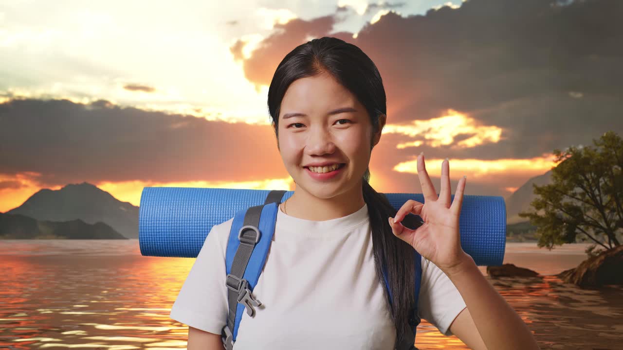 Close Up Of Asian Female Hiker With Mountaineering Backpack Smiling And Showing Okay Gesture To Camera At A Lake