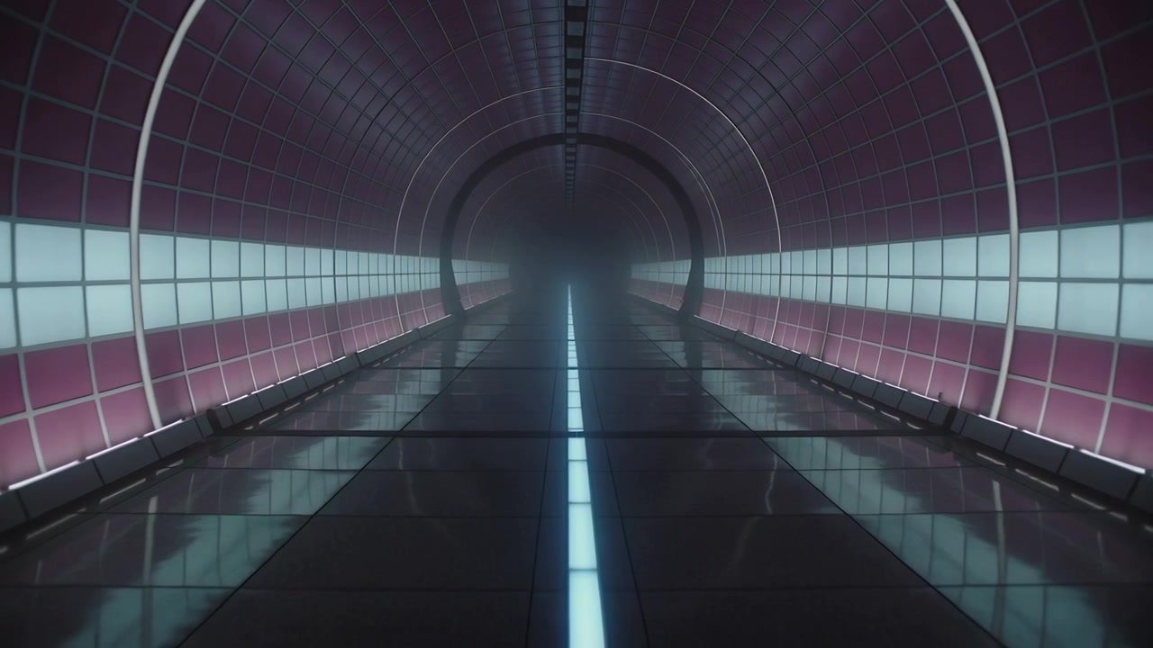 Growing haze softening far end of tunnel at underground corridor, highlighting central light strip