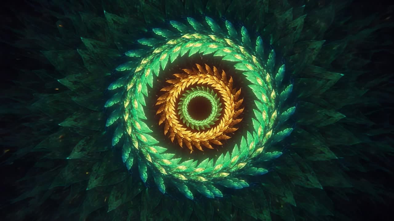 A Mesmerizing Spiral of Leaves and Colors: An Enchanting Visual Journey Through Nature's Patterns and Vibrant Shades of Green and Gold in an Endless Cycle