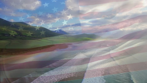 Composición-Digital-De-Ondear-La-Bandera-Estadounidense-Contra-La-Vista-Aérea-De-La-Playa-Y-El-Mar
