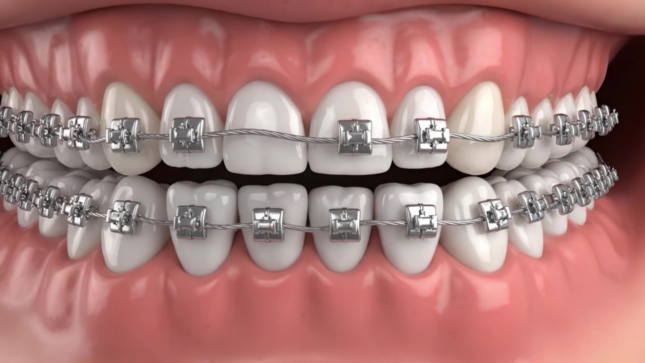 Una panoramica visiva dettagliata degli apparecchi ortodontici tradizionali in metallo che mostra l'allineamento dei denti in un moderno processo di trattamento ortodontico.