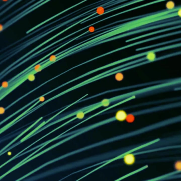 Abstract Green Lines and Colorful Glowing Dots Moving in Digital Space