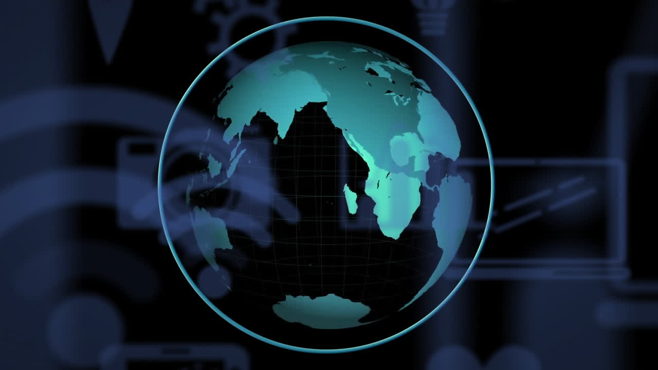 Rotating globe animation over technology icons and symbols background