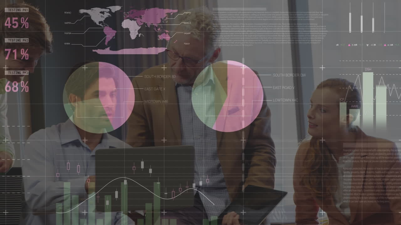 анимация обработки финансовых данных над кавказскими бизнесменами