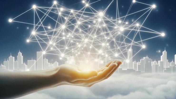 Menneskehånd som holder glødende digitalt nettverk over futuristisk bysilhuett