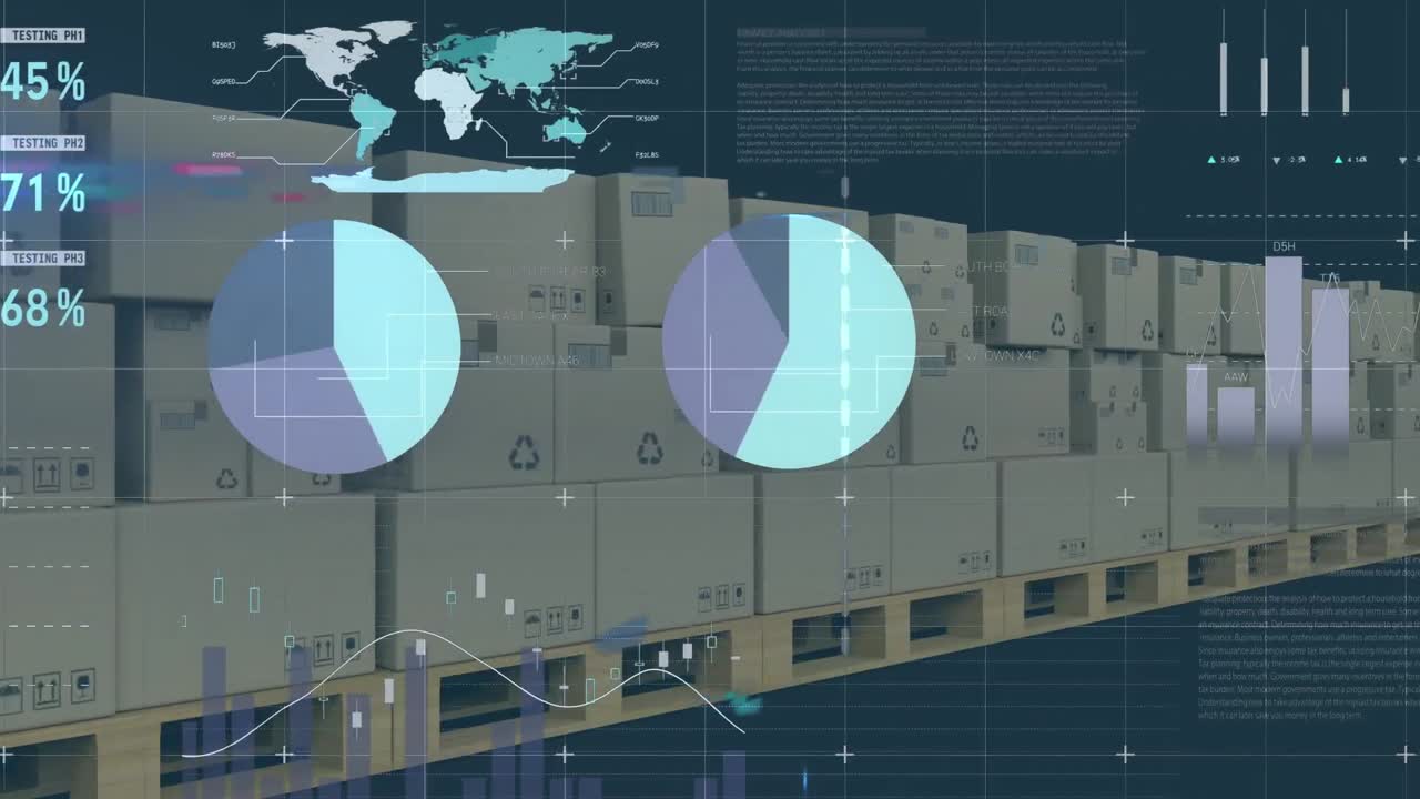 파란색 배경에 대한 컨베이어 벨트에 있는 여러 상자에 대한 통계 데이터 처리