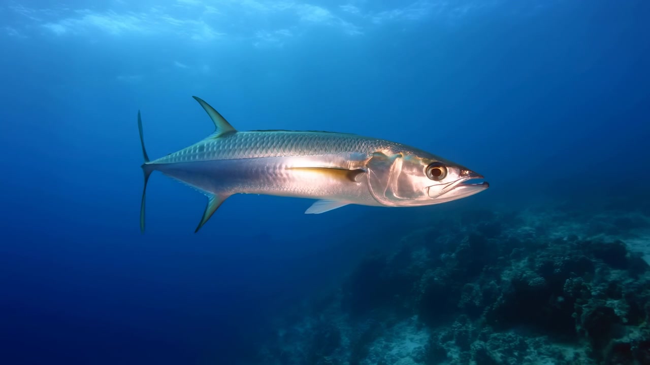Cá Tarpon bơi trong rạn san hô đại dương xanh, một con cá bạc đơn độc lướt trên các rạn san hô dưới ánh sáng lốm đốm.