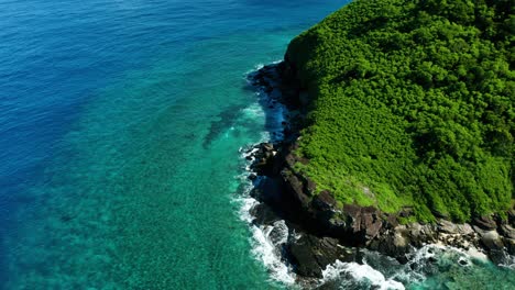 tropical nature of a fijian island surrounded by perfect blue water, aerial shot