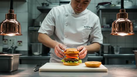 a skilled chef assembles a mouth-watering burger with perfect ingredients in a gourmet kitchen setting, showcasing culinary precision and creativity