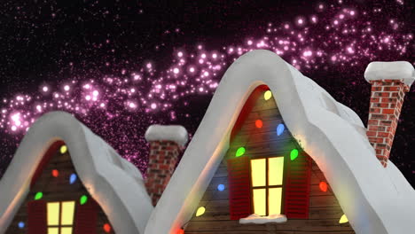 animación de un paisaje de invierno con casas decoradas sobre un fondo negro