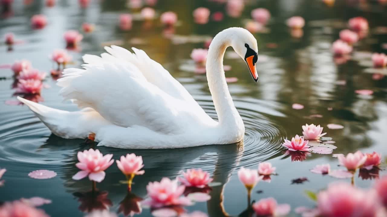 Elegant Swan on a Pond with Pink Water Lilies