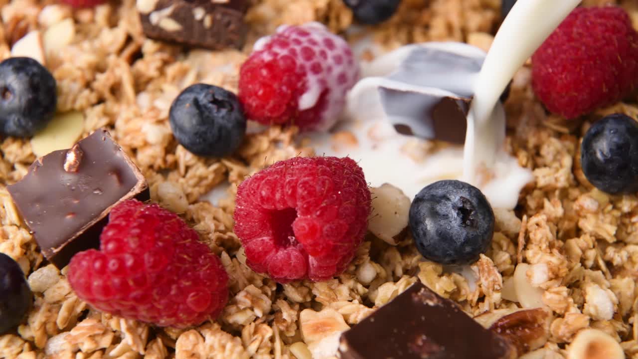 detalle primer plano de granola y leche que se vierte en
