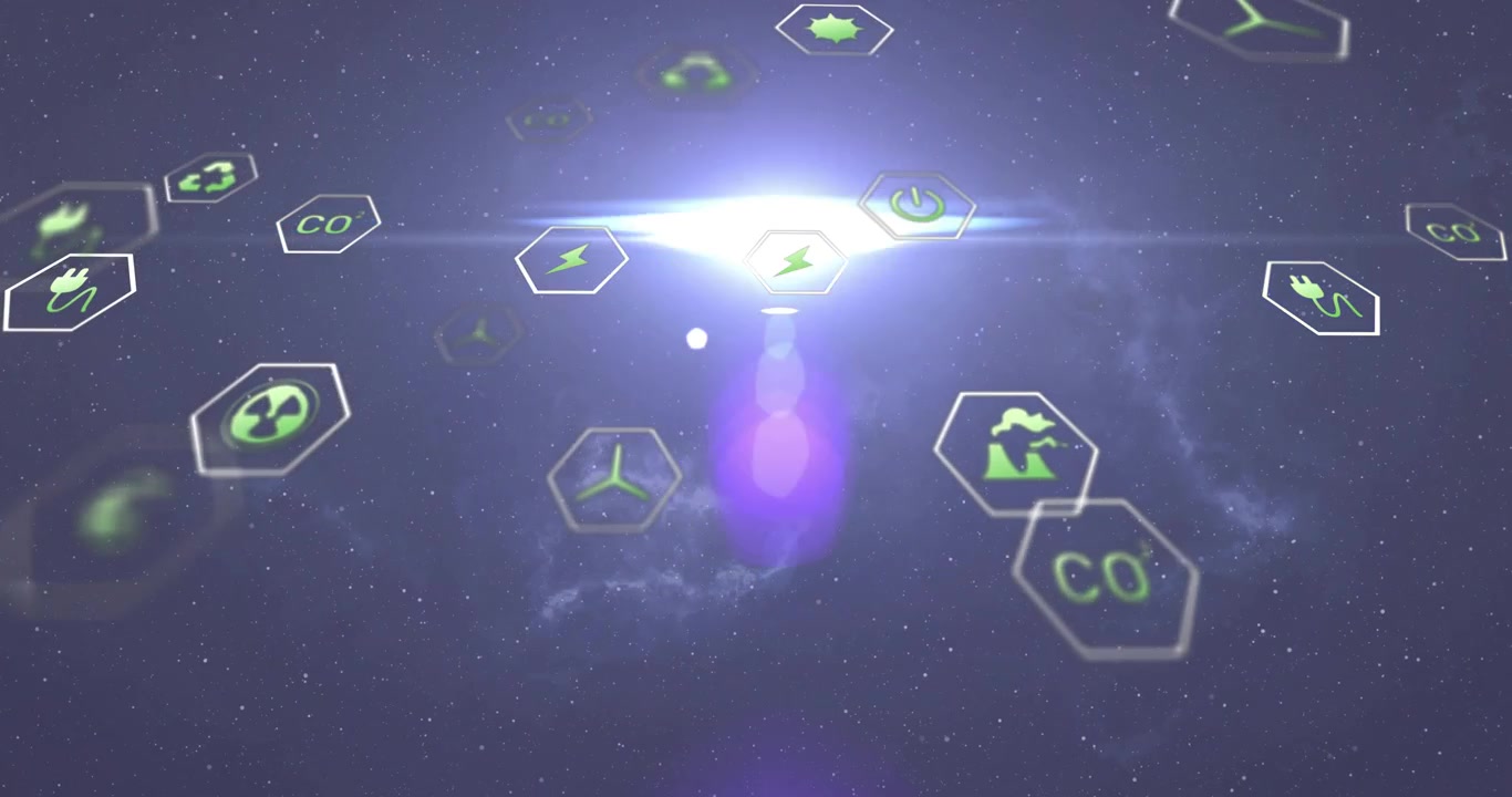Kamera fährt vorwärts und aufwärts, grüne Hex-Symbole driften und fokussieren sich, enthüllen Energiesymbole.