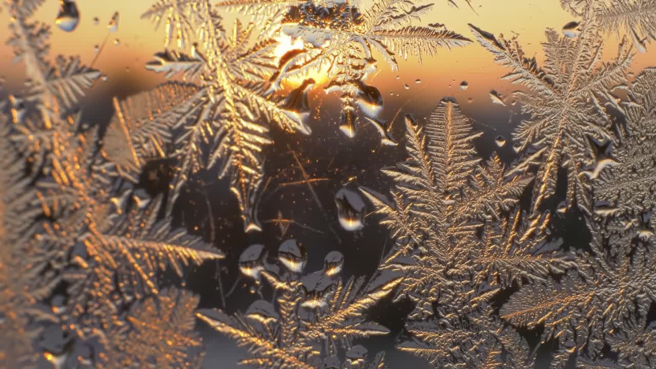 Delicate Frost Patterns Glimmering in the Morning Light: A Stunning Display of Nature's Artistry Through a Beaded Window with a Warm Sunrise Backdrop